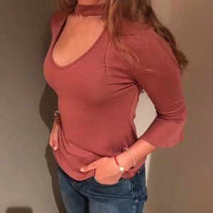 v-neck choker blouse with bell sleeves